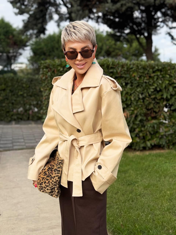 CAMEL BELTED SHORT TRENCH COAT
