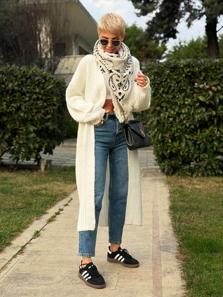 WHITE LONG KNIT CARDIGAN WITH SIDE POCKETS