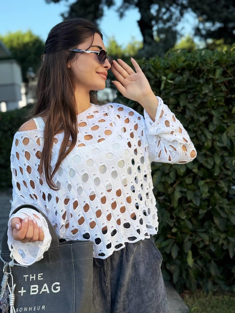 WHITE OPENWORK MERCERIZED BLOUSE