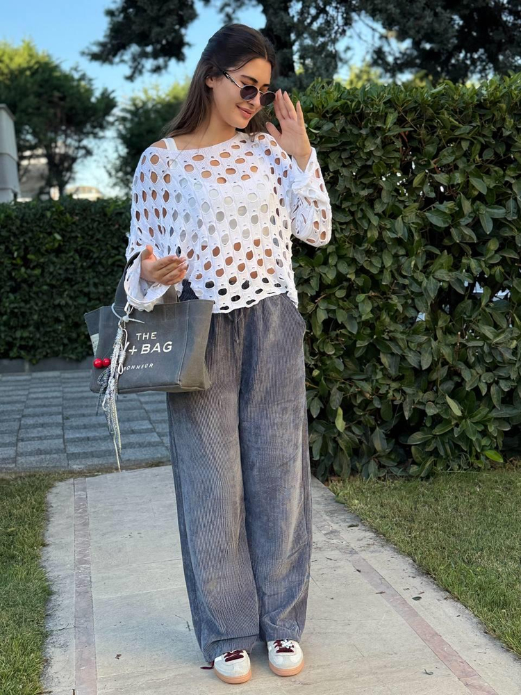 WHITE OPENWORK MERCERIZED BLOUSE