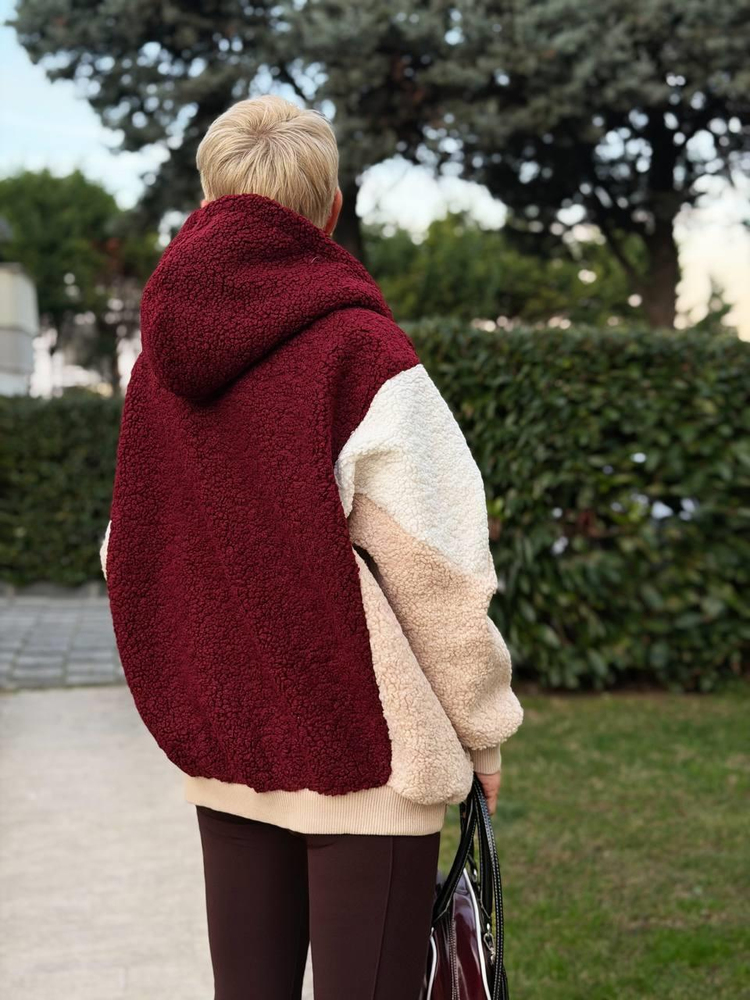 BURGUNDY HOODED COLLAGE TEDDY JACKET