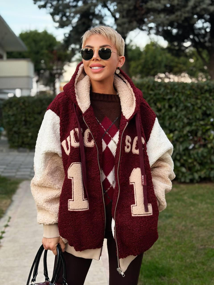 BURGUNDY HOODED COLLAGE TEDDY JACKET