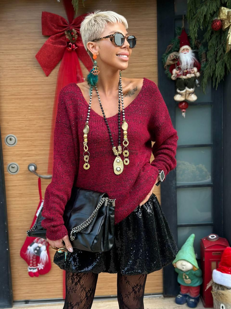 BURGUNDY V-NECK SEQUIN KNIT SWEATER