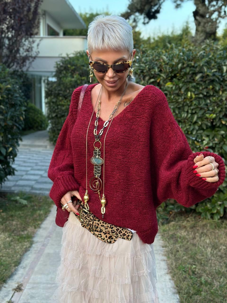 BURGUNDY WOOL-BLEND SWEATER WITH RUCHED SLEEVES