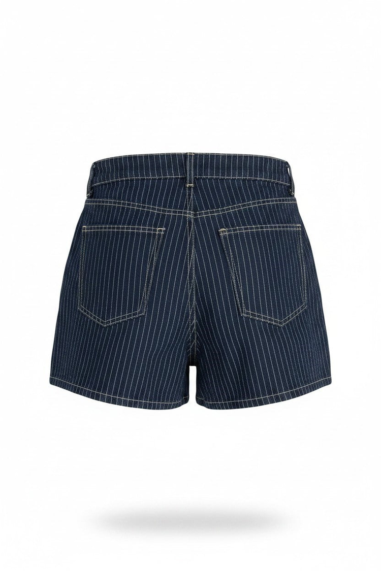 Çizgili Denim Şort Lacivert
