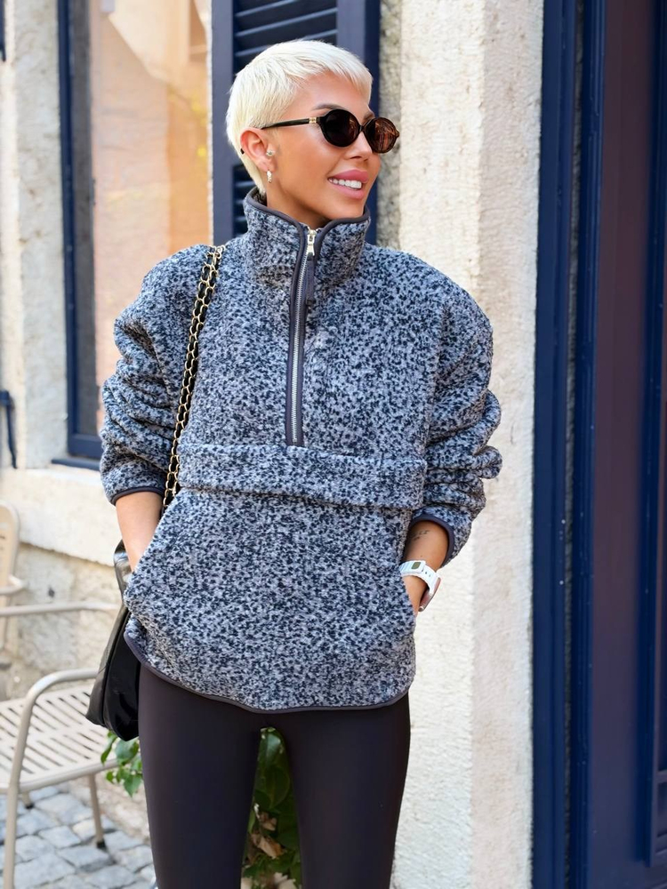 Desenli Dik Yaka Polar Sweatshirt Gri