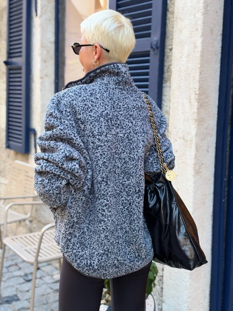 Desenli Dik Yaka Polar Sweatshirt Gri