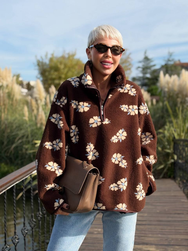 Dik Yaka Çiçekli Polar Sweat Kahve