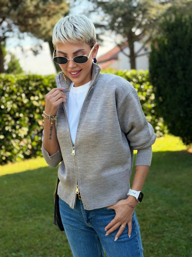 Dik Yaka Çift Fermuarlı Hırka Bej