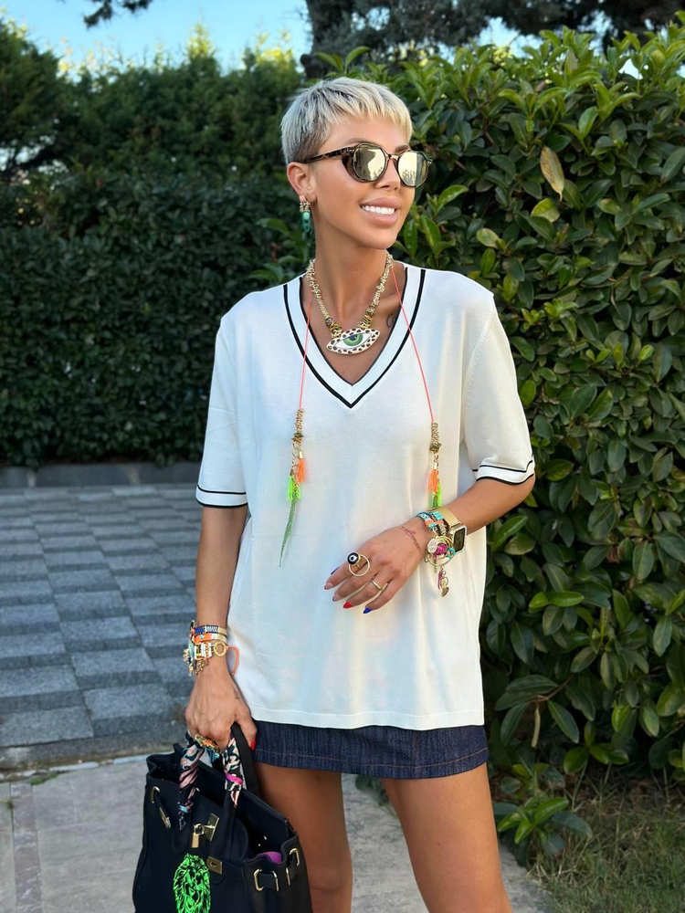 ECRU BOUND V-NECK MERCERIZED BLOUSE
