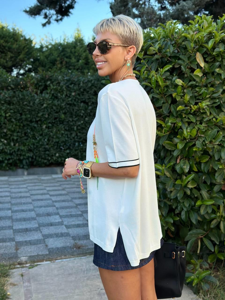 ECRU BOUND V-NECK MERCERIZED BLOUSE