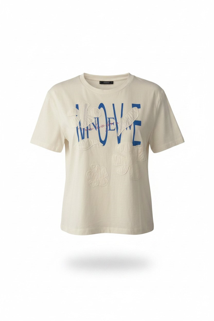 EKRU ÇİÇEK BASKILI BİSİKLET YAKA TSHIRT