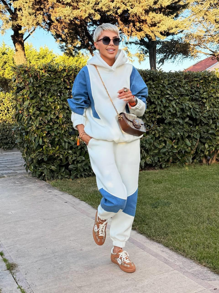 EKRU DENIM DETAY HOODIE JOGGER TAKIM