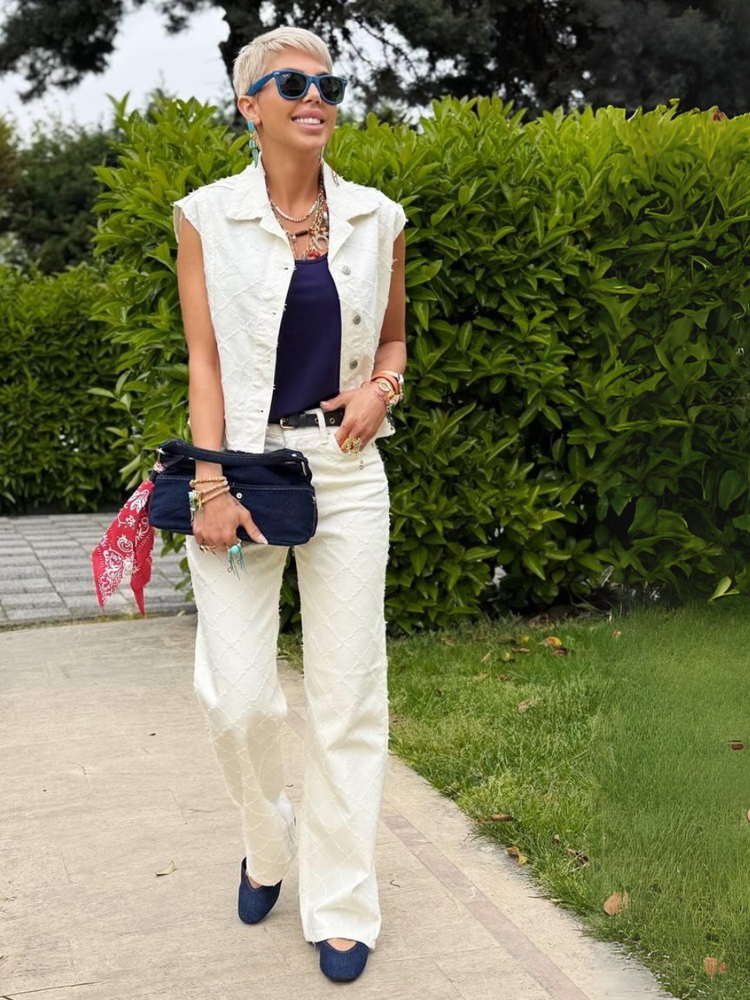 EKRU DENIM YELEK DESENLİ PANTOLON TAKIM