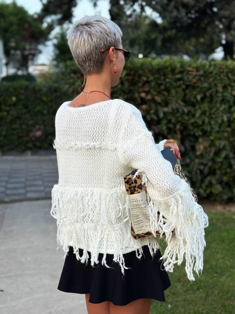 ECRU FRINGED KNIT CARDIGAN