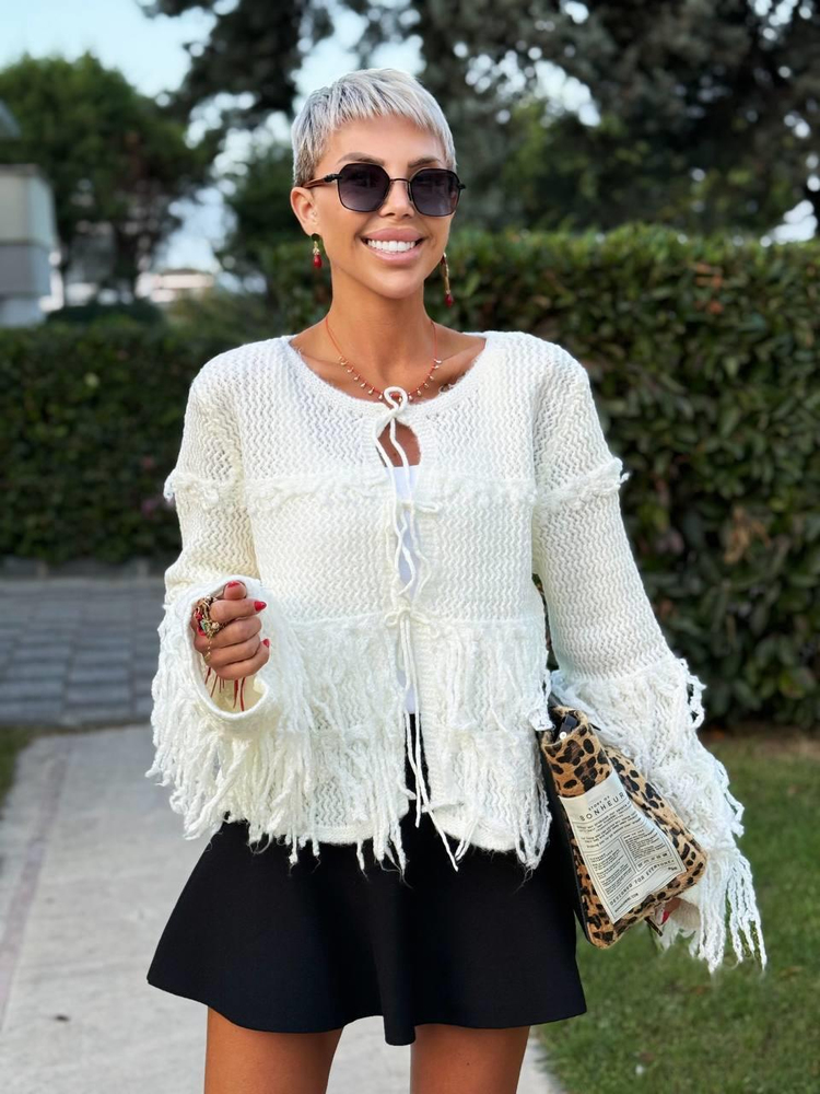 ECRU FRINGED KNIT CARDIGAN