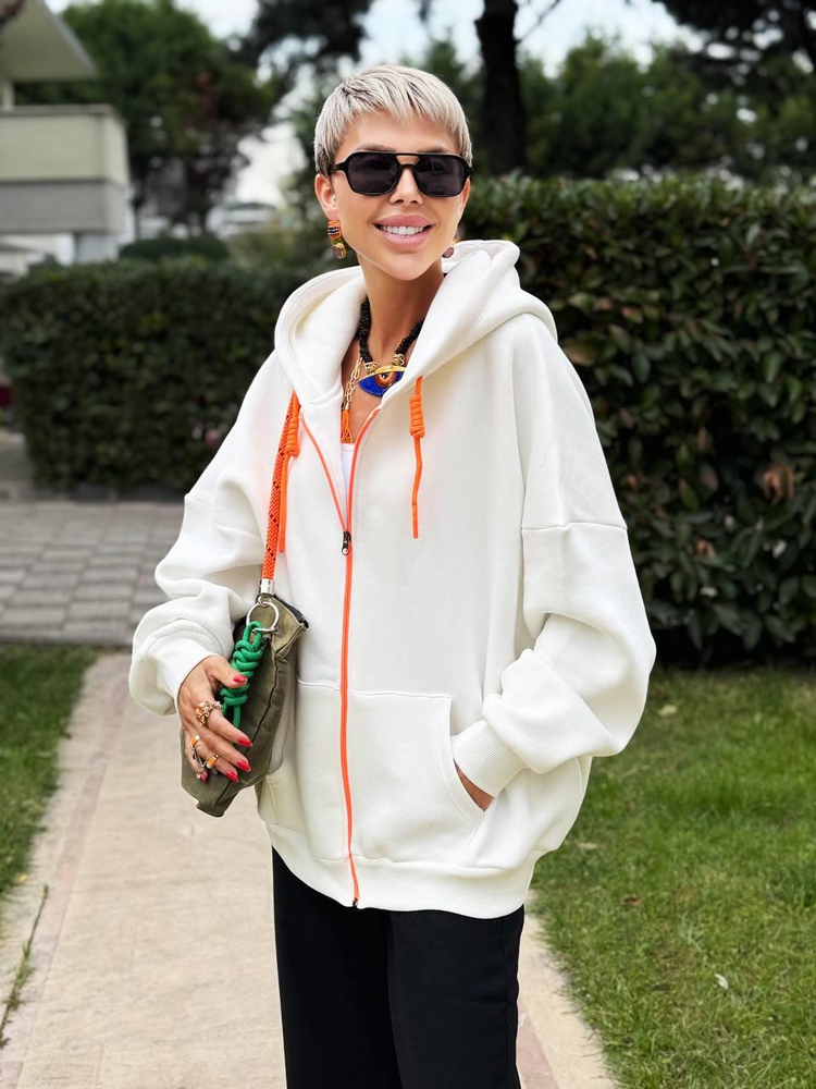 EKRU S.STUDIO NEON FERMUARLI OVERSIZE HOODIE