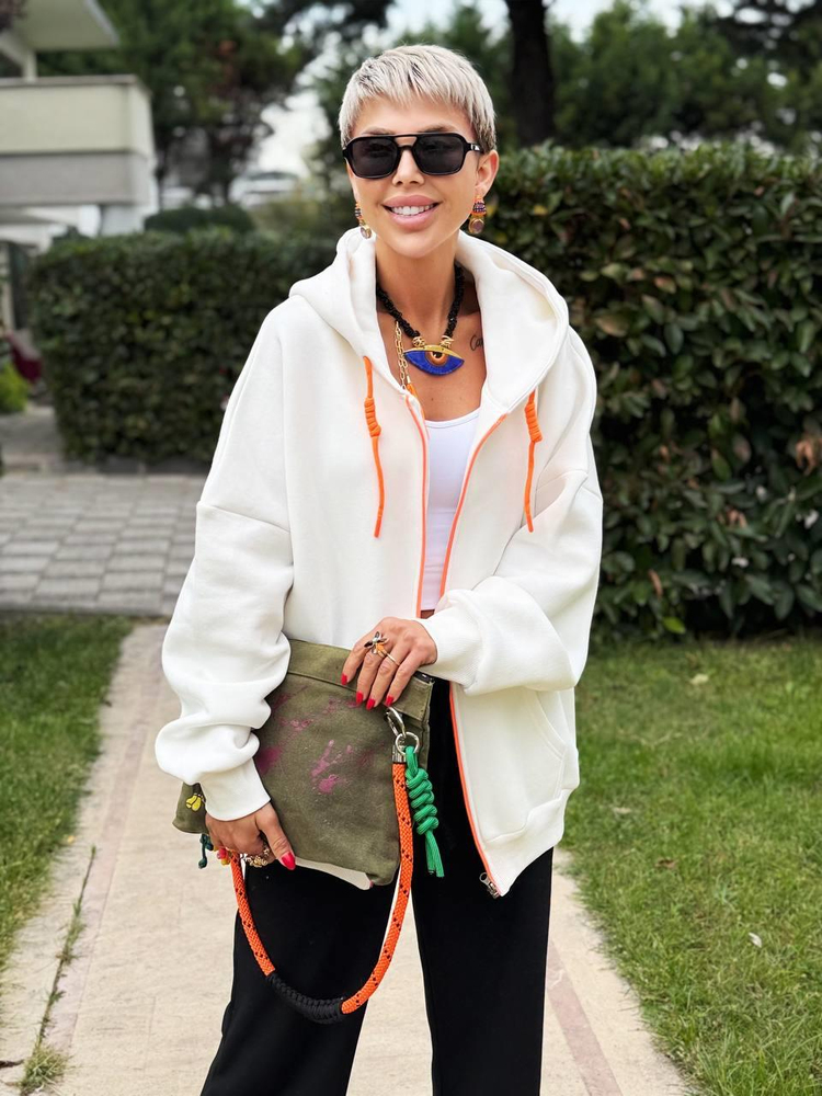 EKRU S.STUDIO NEON FERMUARLI OVERSIZE HOODIE