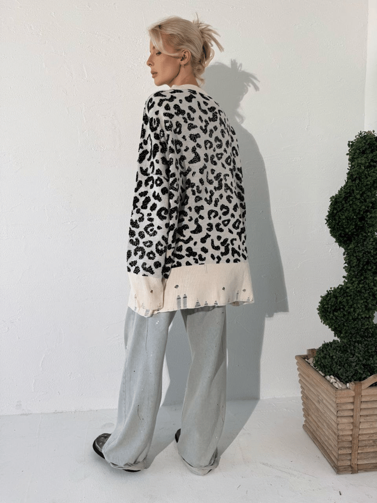 ECRU SELF LOVE LEOPARD PRINT KNIT SWEATER
