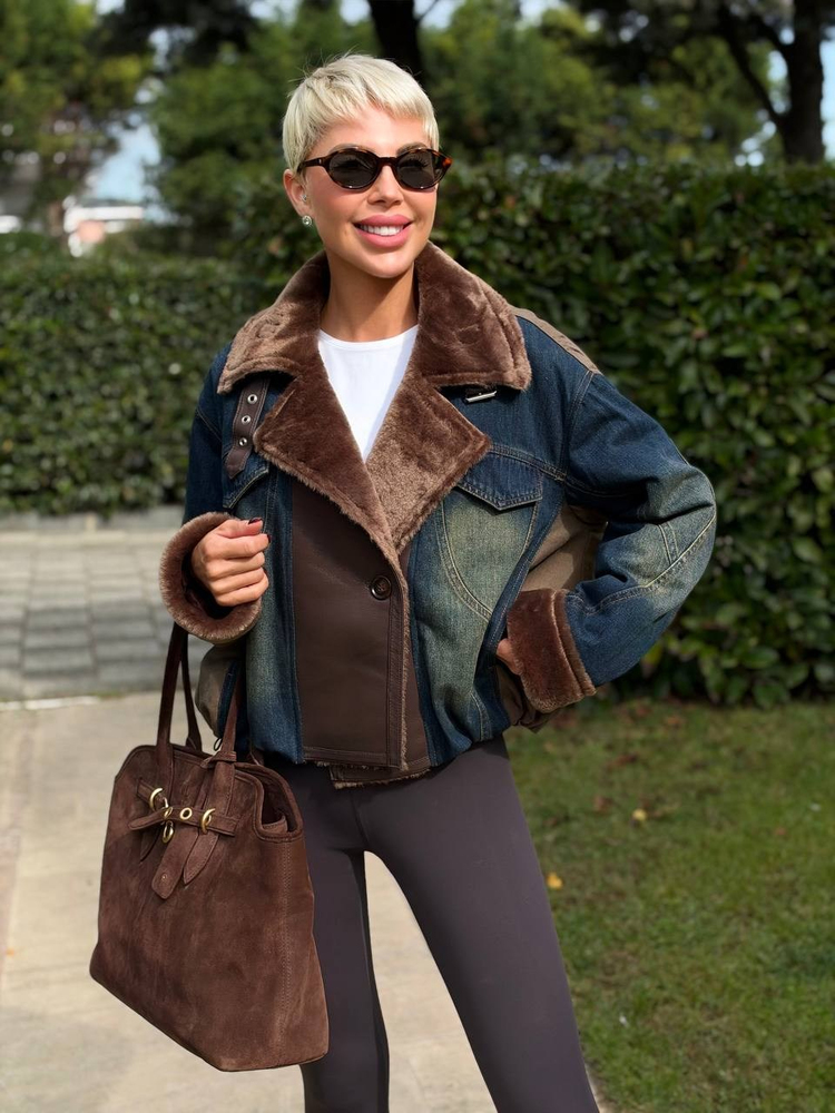 Eskitme Denim İçi Kapitoneli Patcwork Mont Haki