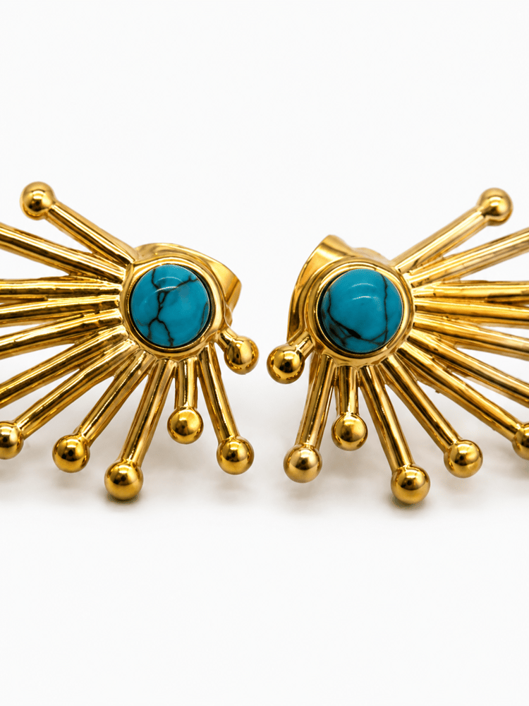 Gold Turkuaz Taşlı Güneş Küpe