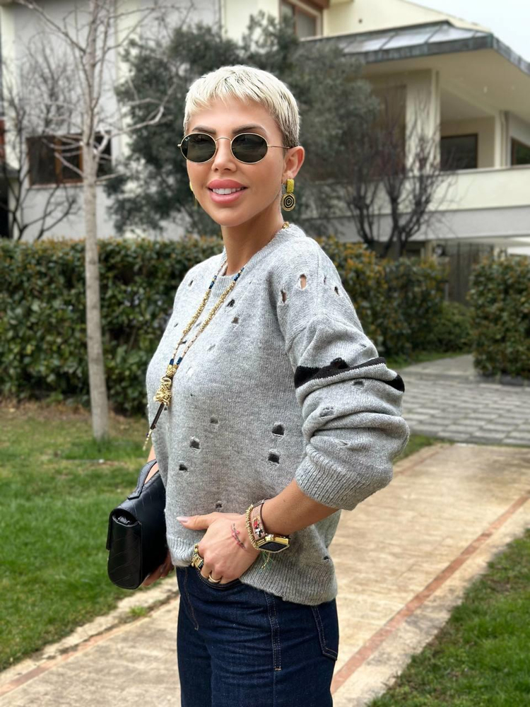 GRAY OPENWORK KNIT SWEATER