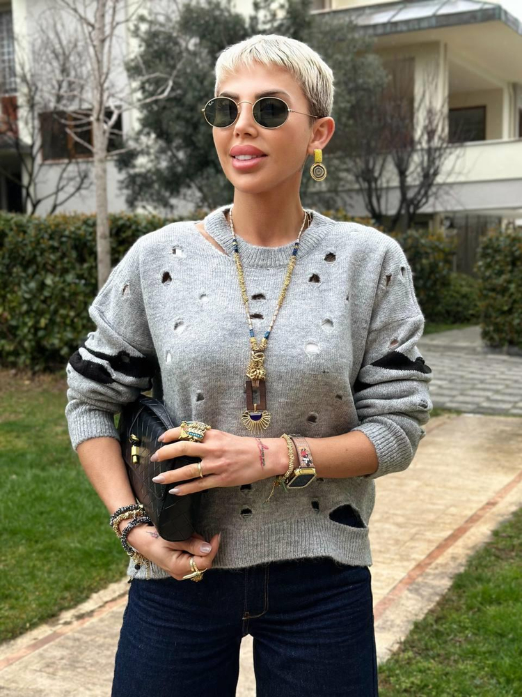 GRAY OPENWORK KNIT SWEATER