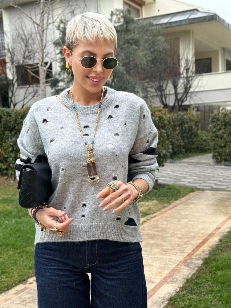 GRAY OPENWORK KNIT SWEATER