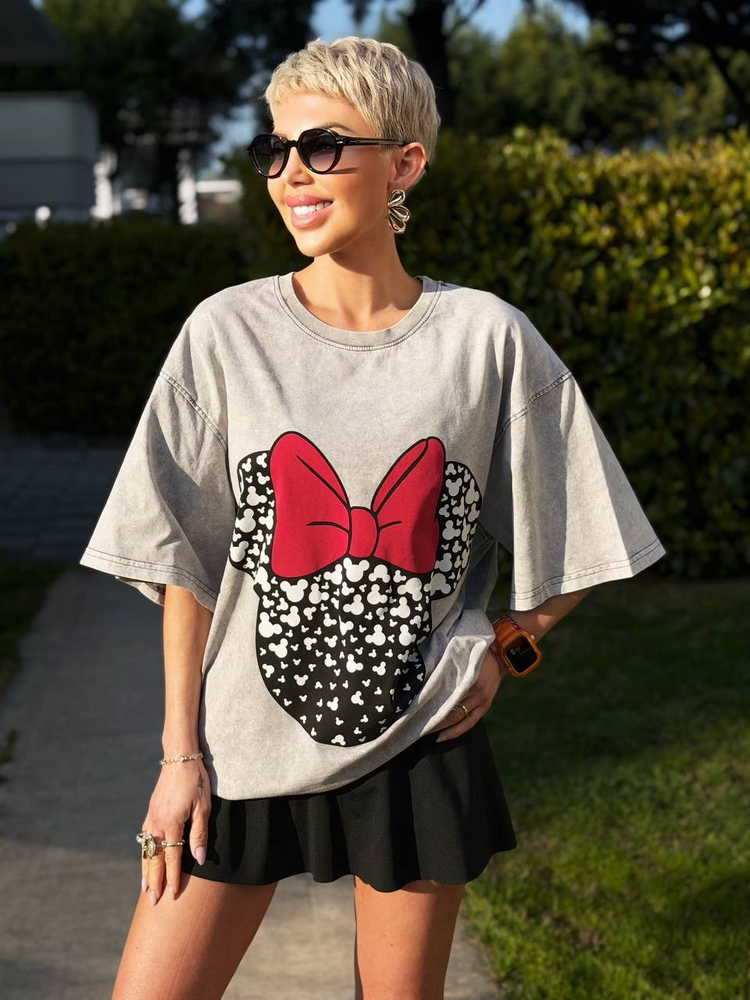 GRİ PAPYON MICKEY BASKILI TSHIRT