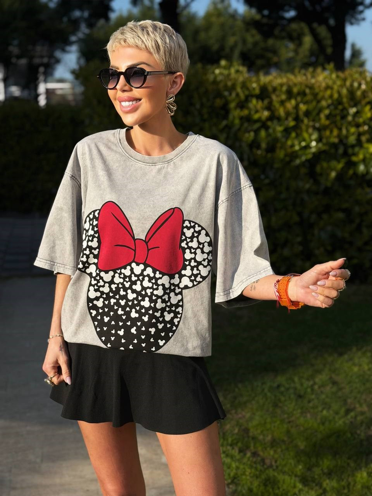 GRİ PAPYON MICKEY BASKILI TSHIRT
