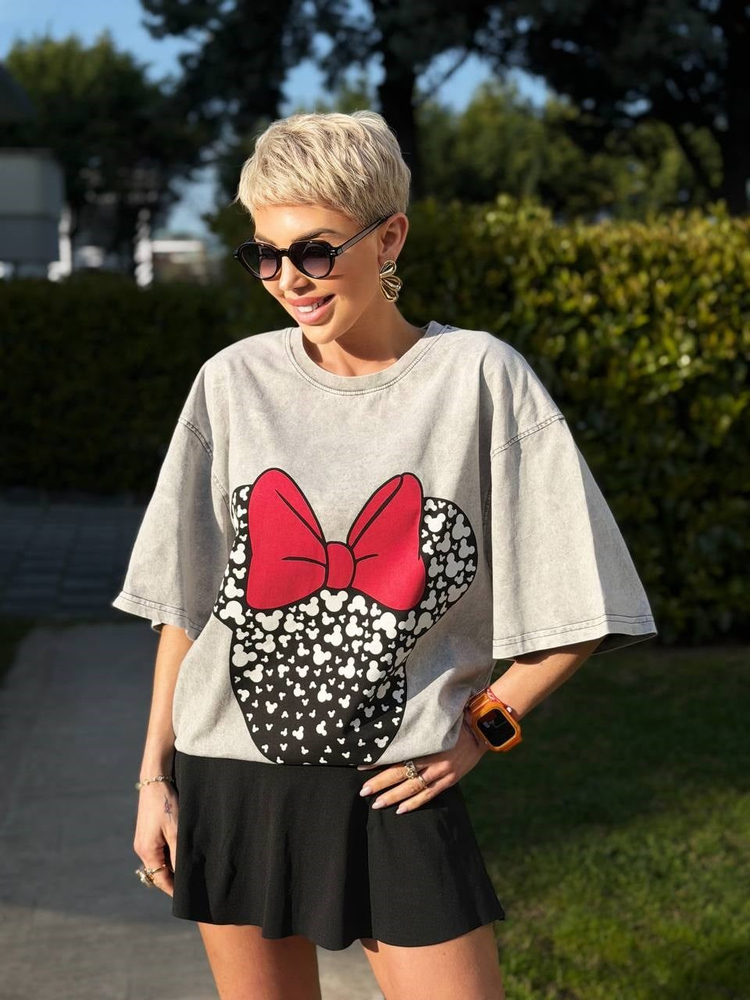 GRİ PAPYON MICKEY BASKILI TSHIRT