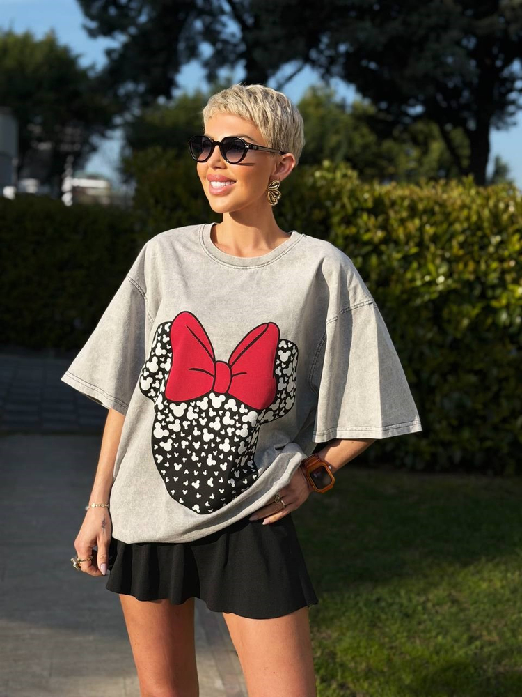 GRİ PAPYON MICKEY BASKILI TSHIRT