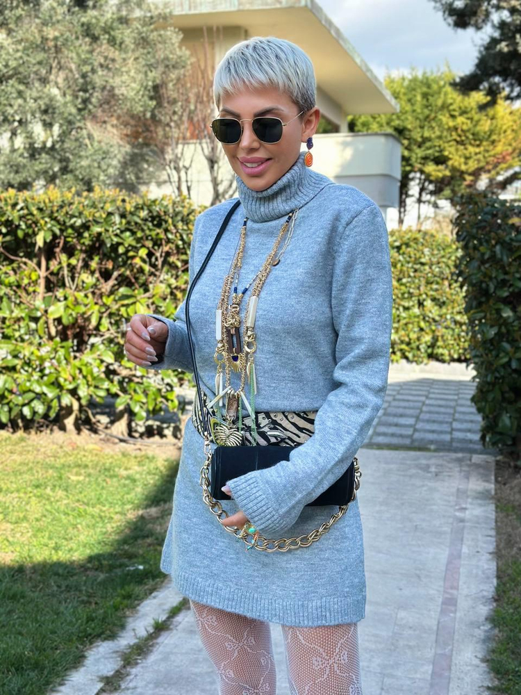 GRİ RENK BALIKÇI YAKA TRİKO ELBİSE