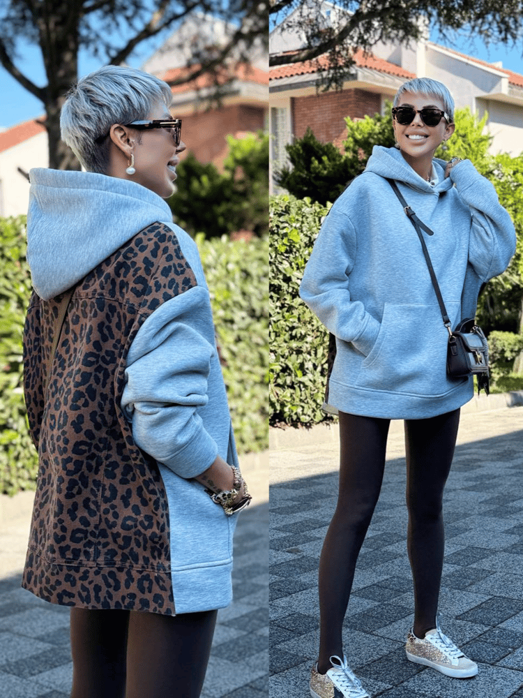 GRAY HOODIE WITH LEOPARD-PANEL BACK