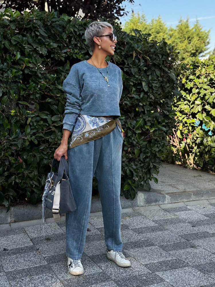 GRAY WASHED CROP PANTS SET