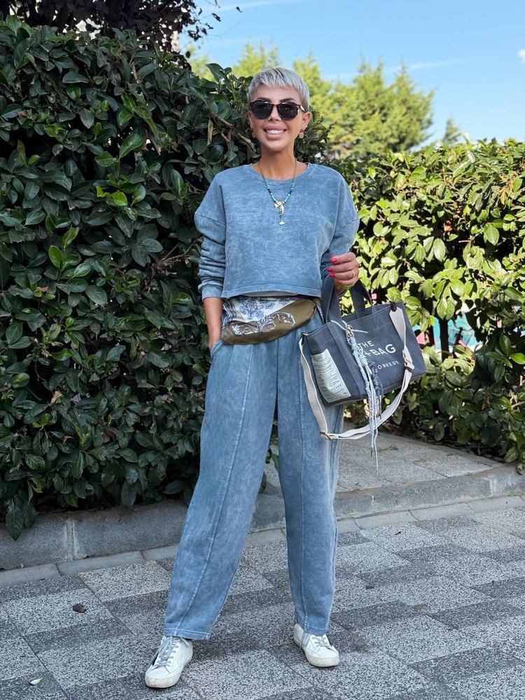 GRAY WASHED CROP PANTS SET
