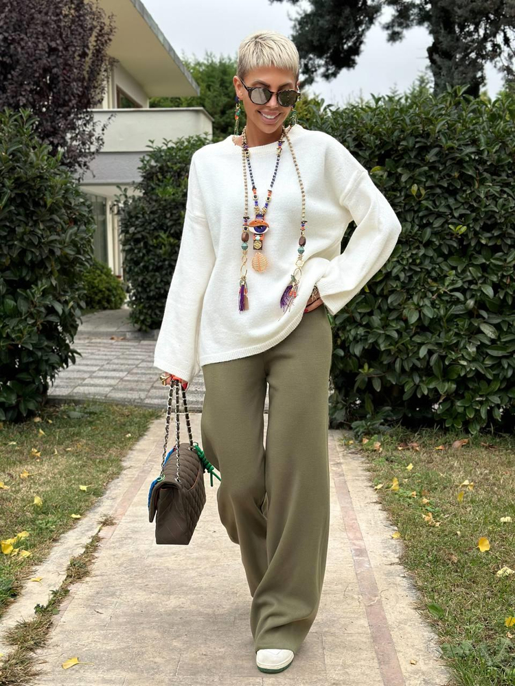 KHAKI KNIT PALAZZO PANTS