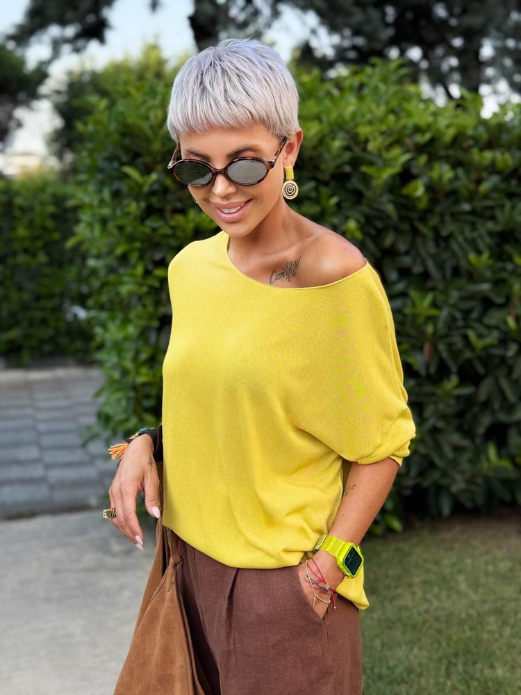 MUSTARD BOAT-NECK MERCERIZED BLOUSE
