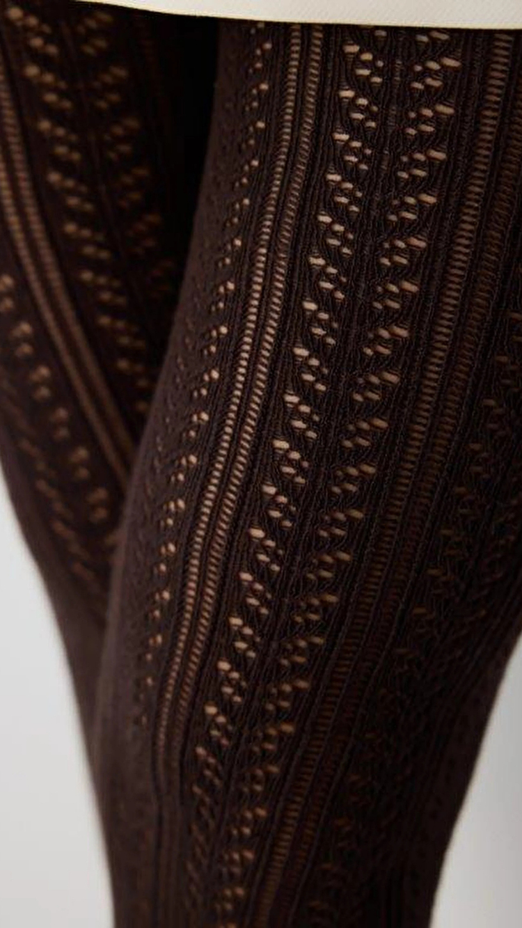 BROWN PATTERNED OPENWORK KNIT TIGHTS