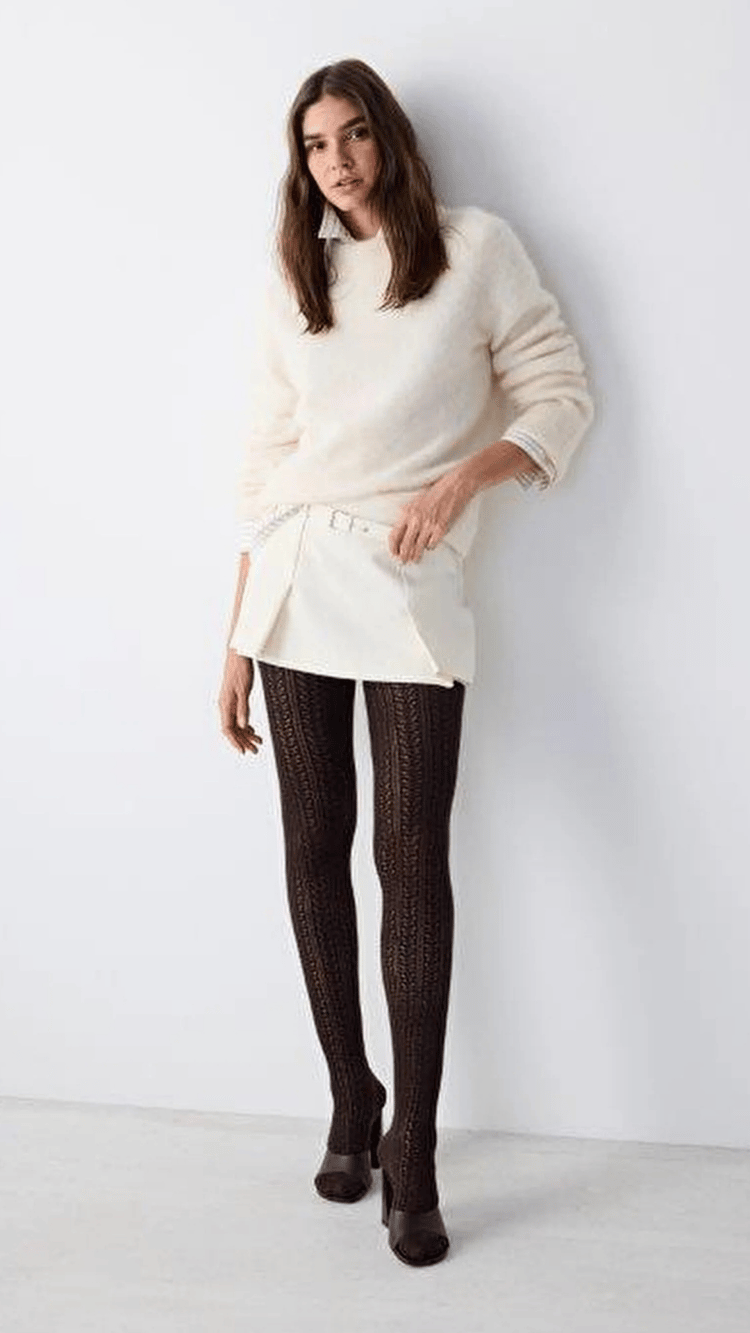BROWN PATTERNED OPENWORK KNIT TIGHTS