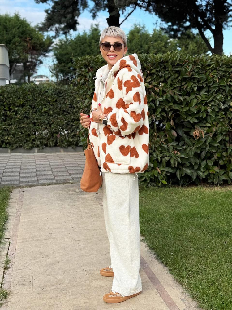 RUST HEART PATTERN TEDDY JACKET