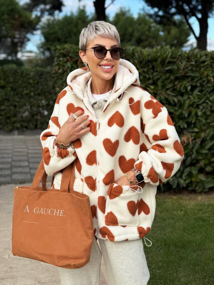 RUST HEART PATTERN TEDDY JACKET