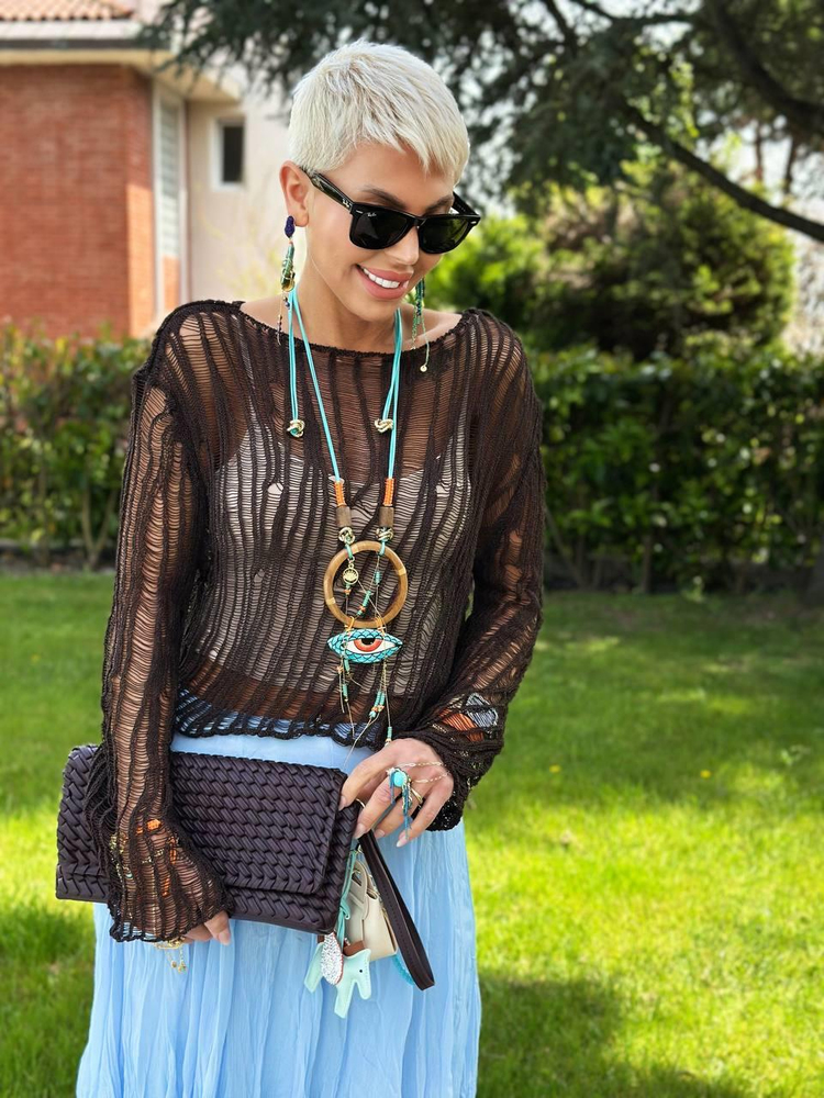 BROWN CUTOUT OPENWORK KNIT BLOUSE