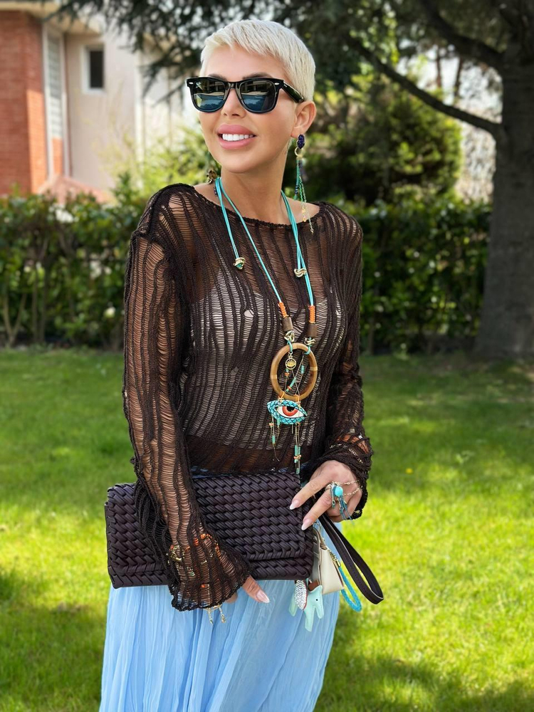 BROWN CUTOUT OPENWORK KNIT BLOUSE