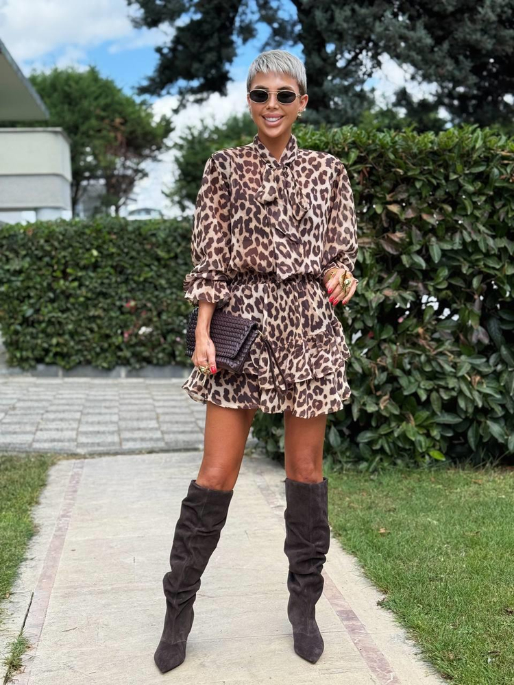 BROWN LEOPARD-PRINT CHIFFON BLOUSE AND SKIRT SET