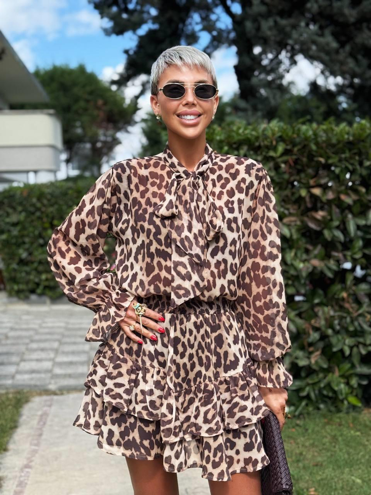 BROWN LEOPARD-PRINT CHIFFON BLOUSE AND SKIRT SET
