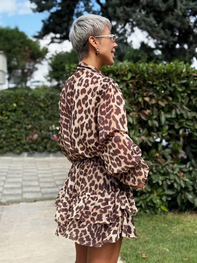 BROWN LEOPARD-PRINT CHIFFON BLOUSE AND SKIRT SET