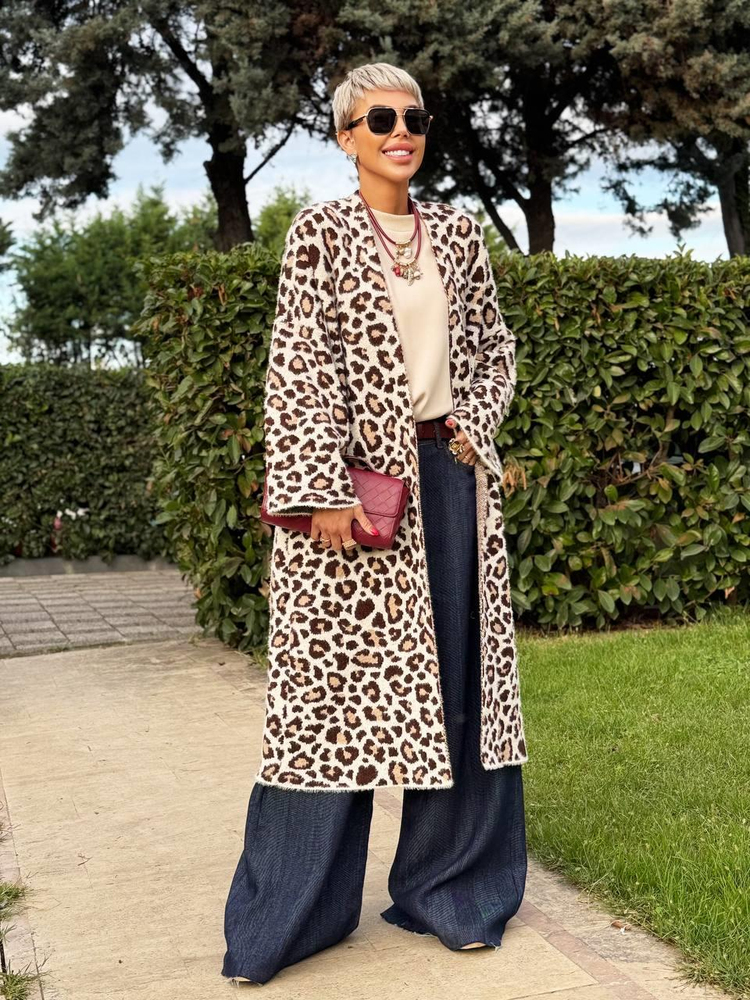 BROWN LEOPARD PRINT LONG CARDIGAN