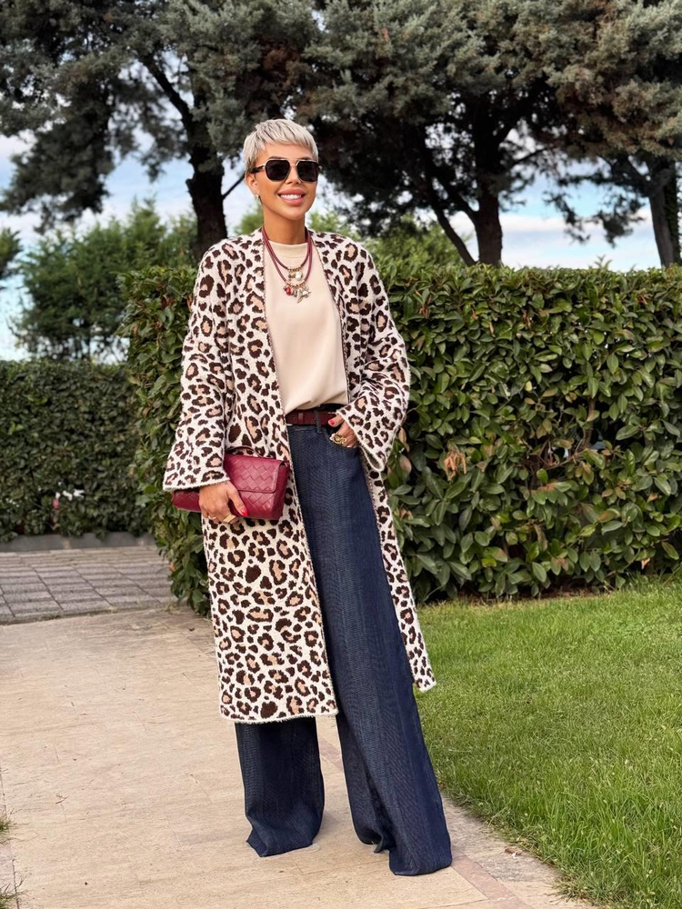 BROWN LEOPARD PRINT LONG CARDIGAN