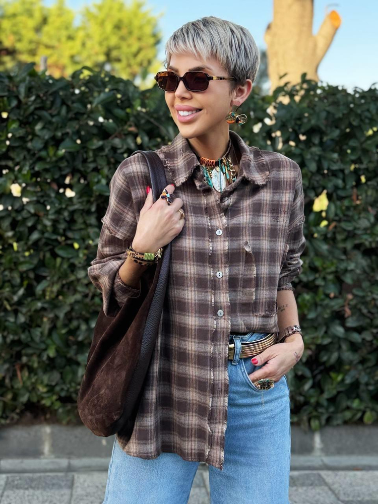 BROWN NATURAL-CUT PLAID SHIRT